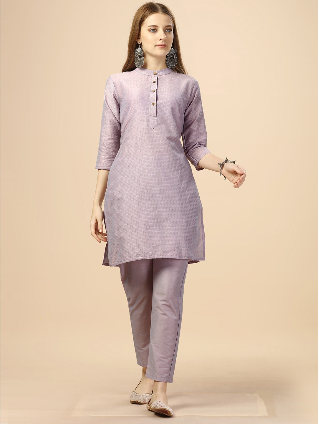 

KALINI Geometric Woven Design Mandarin Collar Staight Kurti With Trousers, Purple