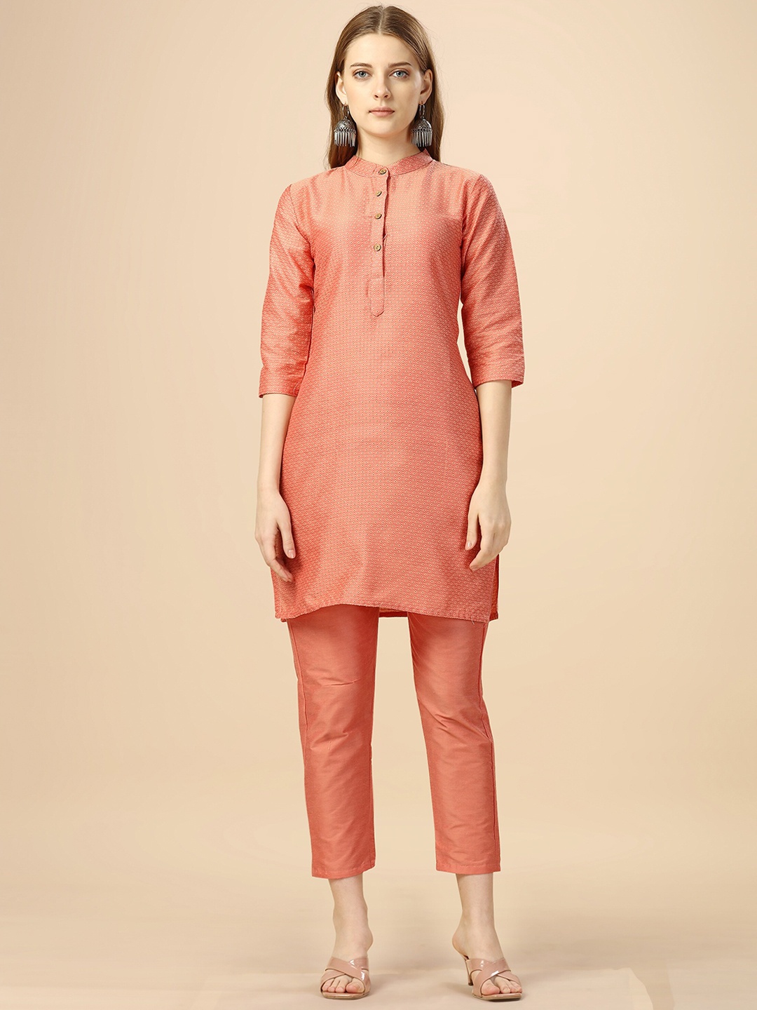 

KALINI Ethnic Motifs Embroidered Mandarin Collar Thread Work Kurta With Palazzos, Peach