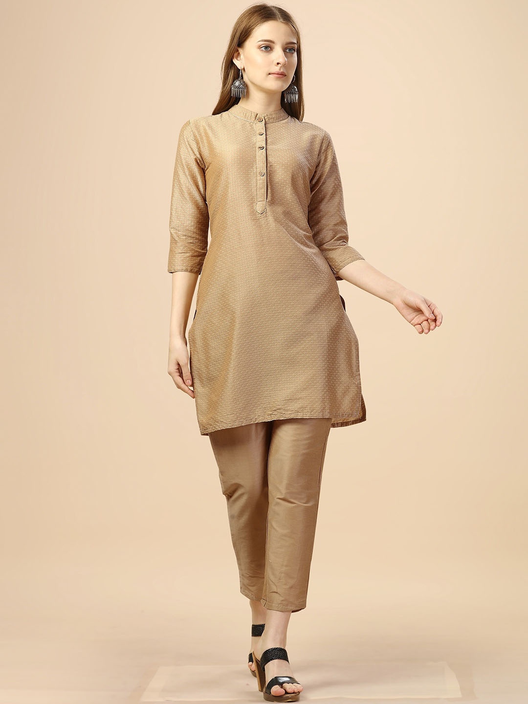 

KALINI Ethnic Motifs Embroidered Mandarin Collar Thread Work Kurta With Palazzos, Beige