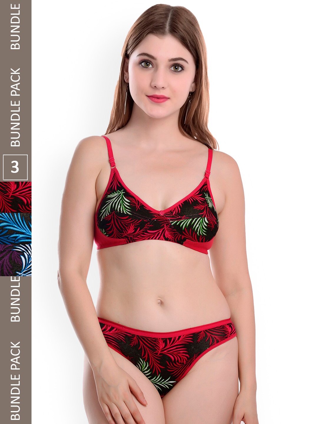 

AROUSY Pack Of 3 Printed Cotton Lingerie Set, Red