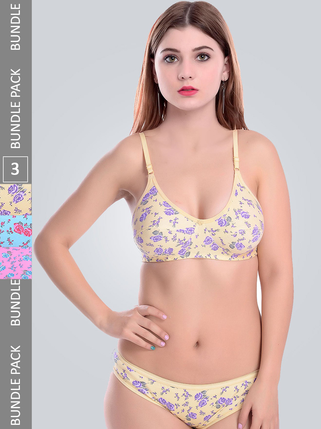 

AROUSY Pack Of 3 Printed Cotton Lingerie Set, Yellow