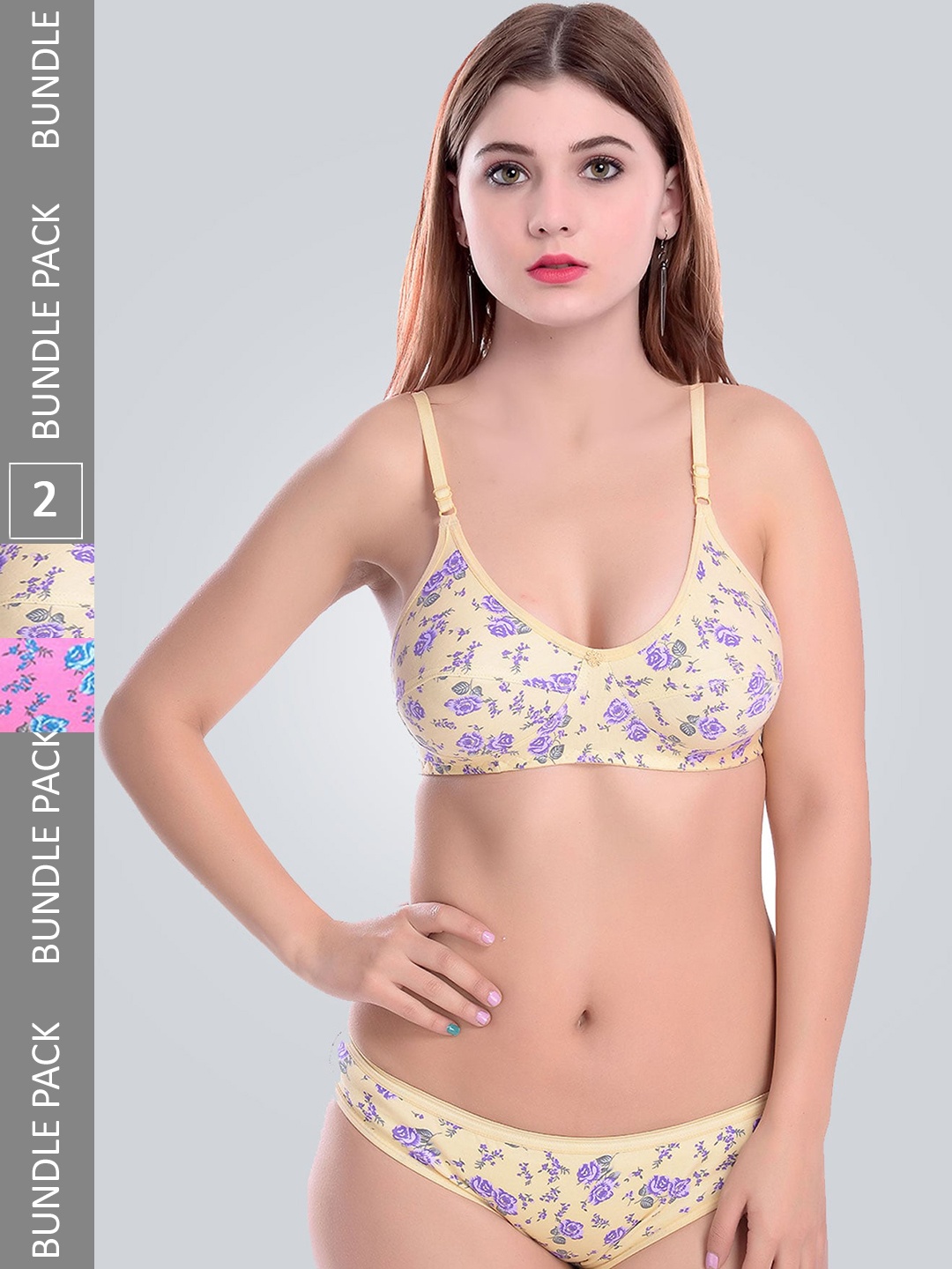 

AROUSY Pack Of 2 Printed Cotton Lingerie Set, Yellow