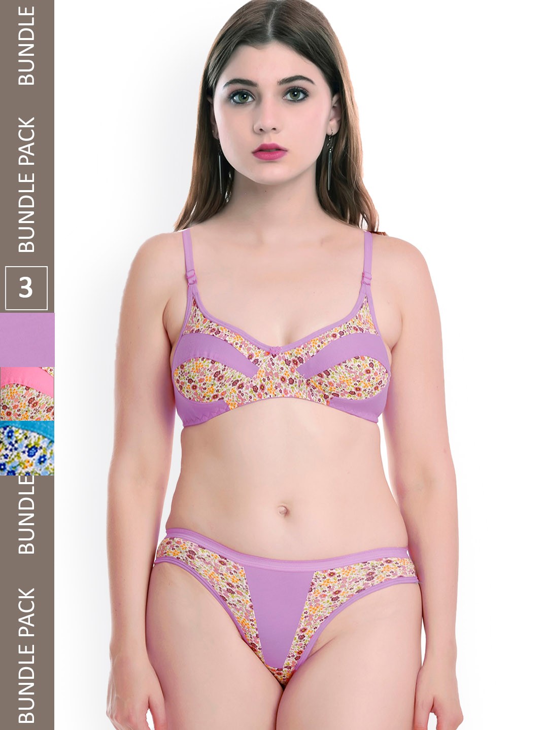 

Aamarsh Pack Of 3 Printed Non-Padded Cotton Bra & Briefs Lingerie Sets, Blue