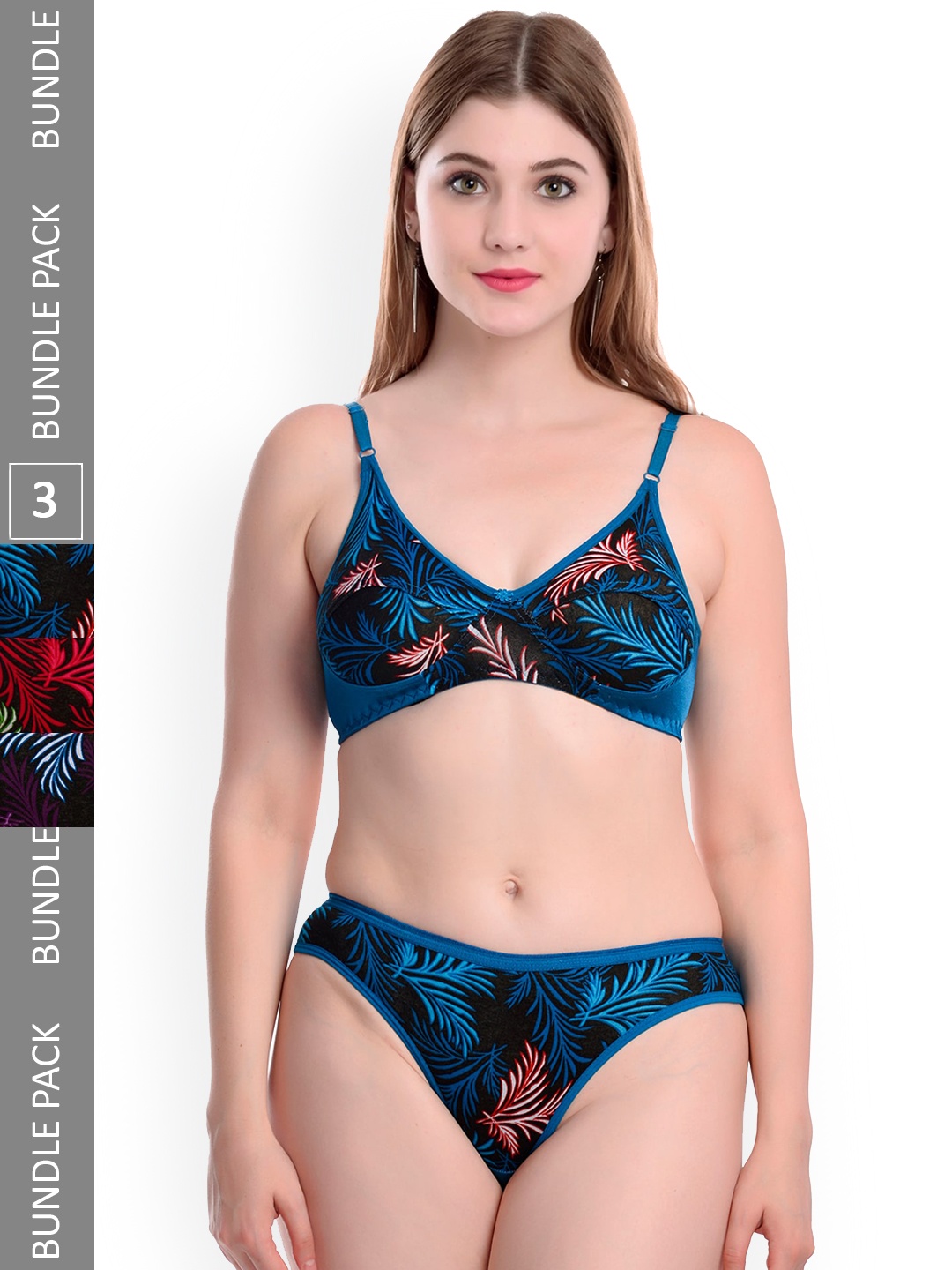 

Aamarsh Pack Of 3 Printed Non-Padded Cotton Lingerie Set A_Blossom set_Red,Blue,Maroon_30