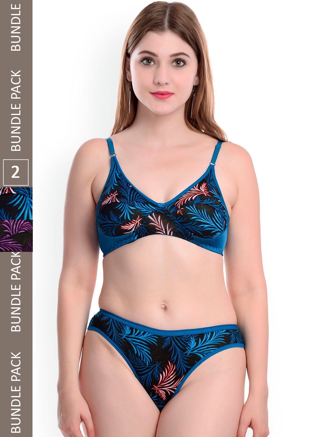

Aamarsh Pack Of 2 Printed Cotton Non-Padded Lingerie Set, Blue