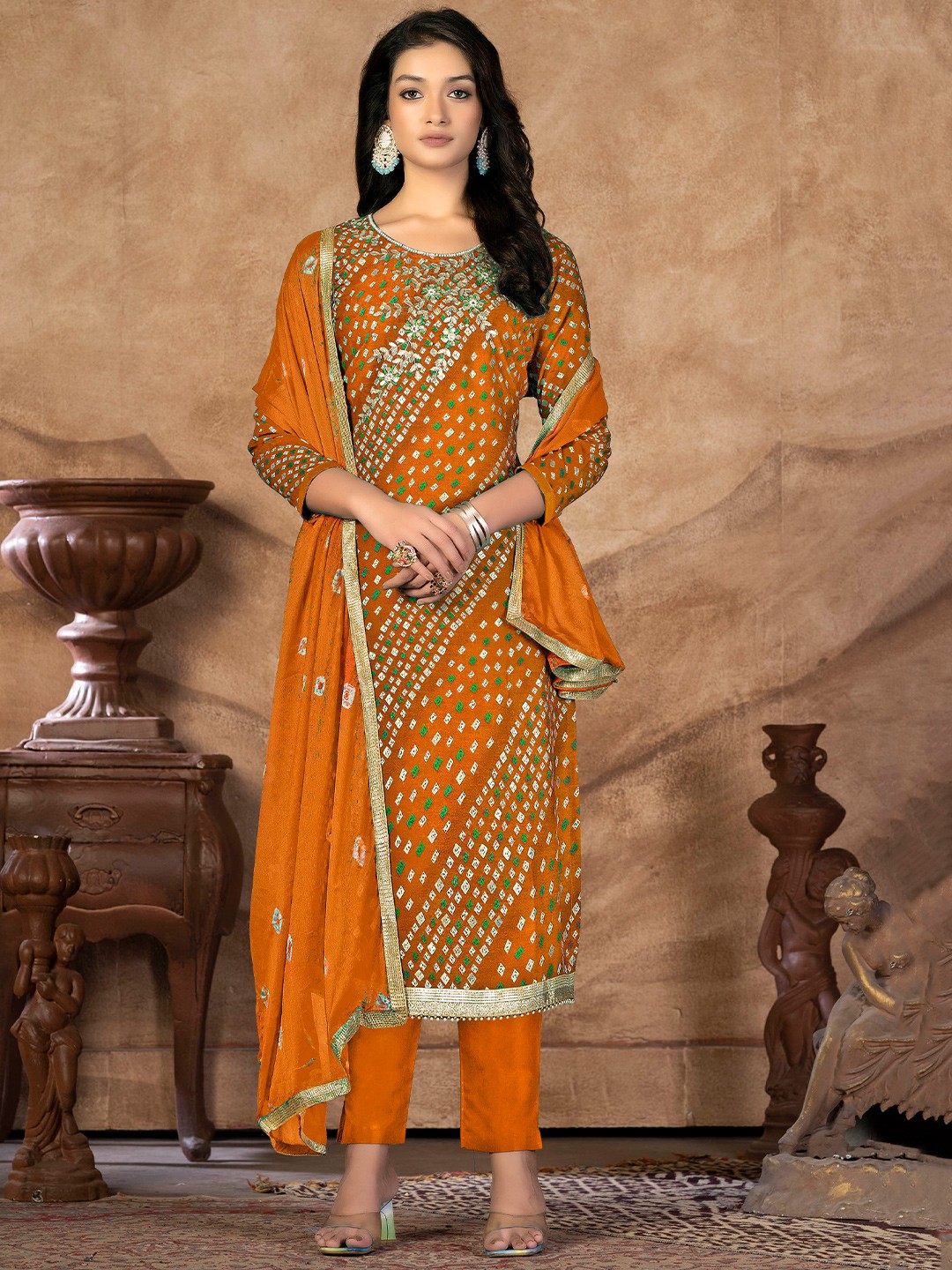

KALINI Embellished Bandhani Unstitched Dress Material, Orange