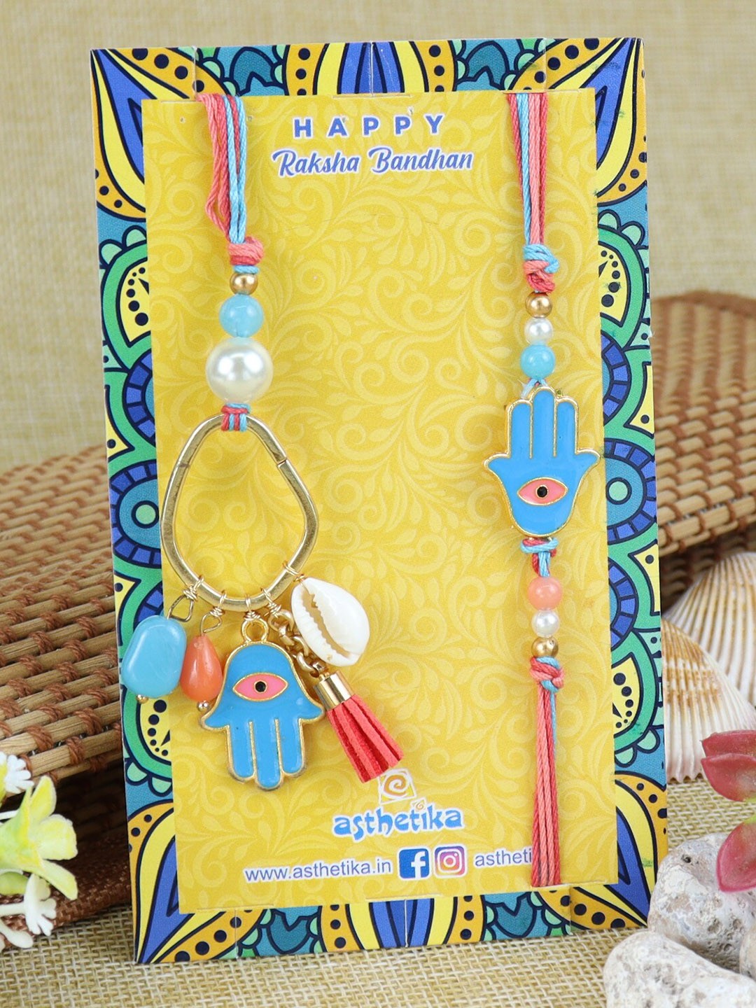 

Asthetika Unisex Set Of 2 Evil Eye Hamsa Bhaiya Bhabhi Rakhis, Blue