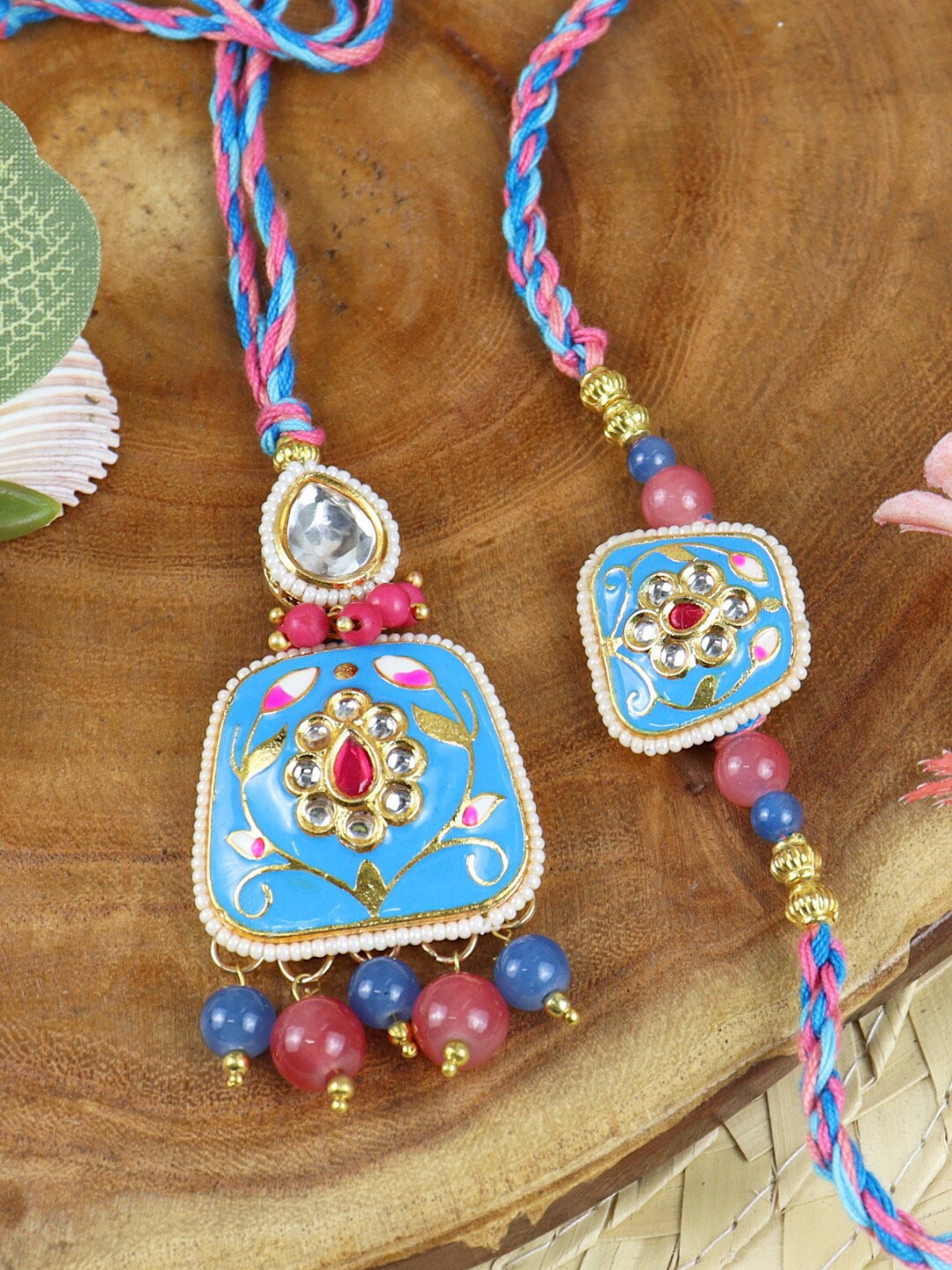 

Asthetika Unisex Set Of 2 Meenakari Kundan-studded Bhaiya Bhabhi Rakhis, Blue