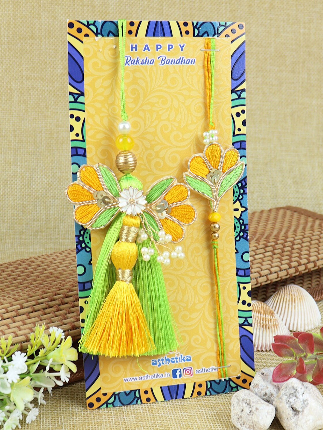 

Asthetika Unisex Set Of 2 Floral Butti Rakhi, Green