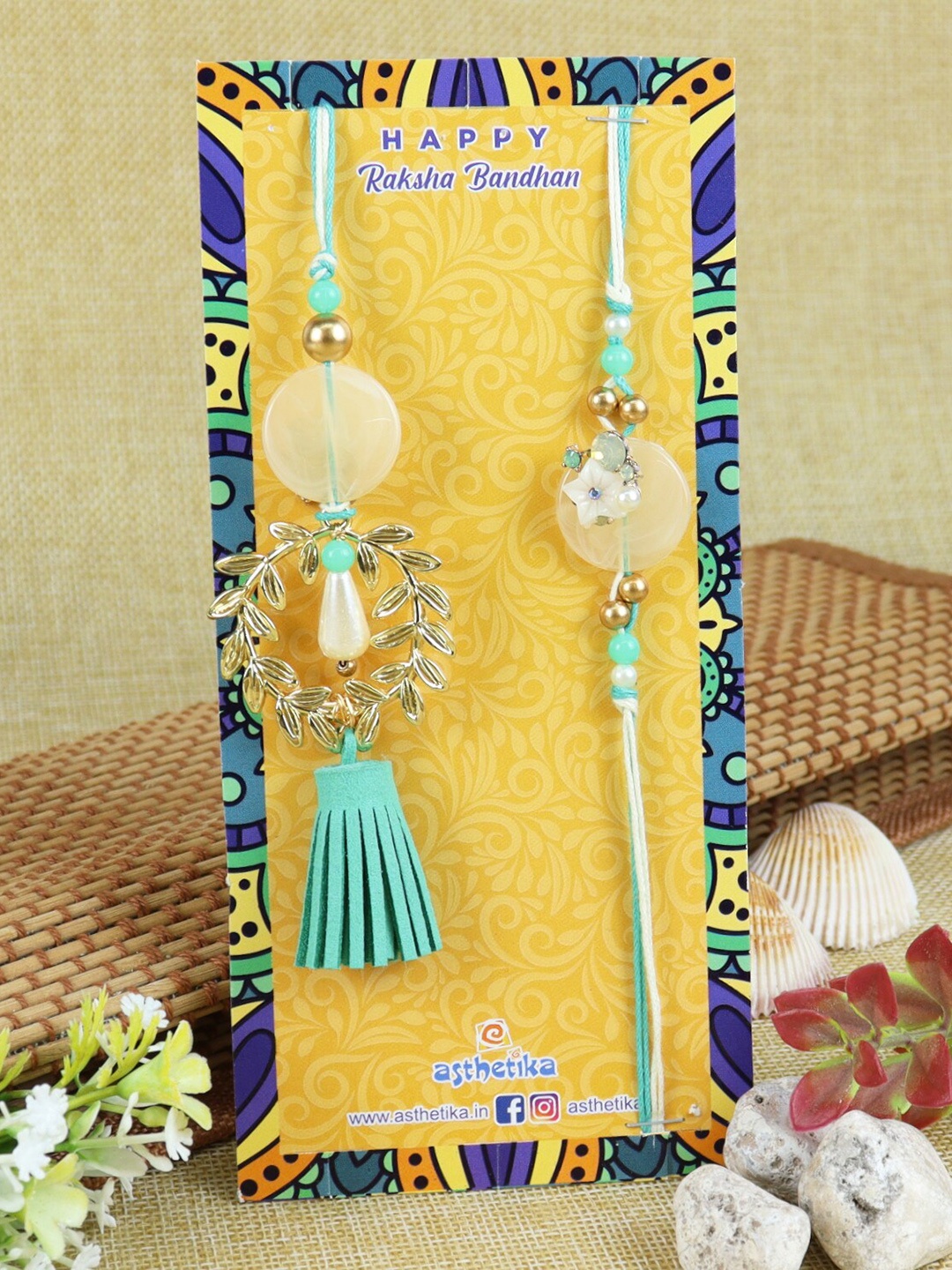 

Asthetika Set Of 2 Floral Wreath Rakhi, Green