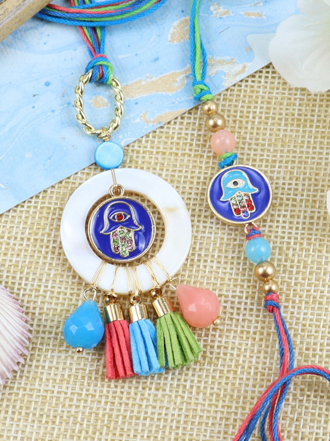 

Asthetika Set Of 2 Evil Eye Hamsa Rakhi, Blue