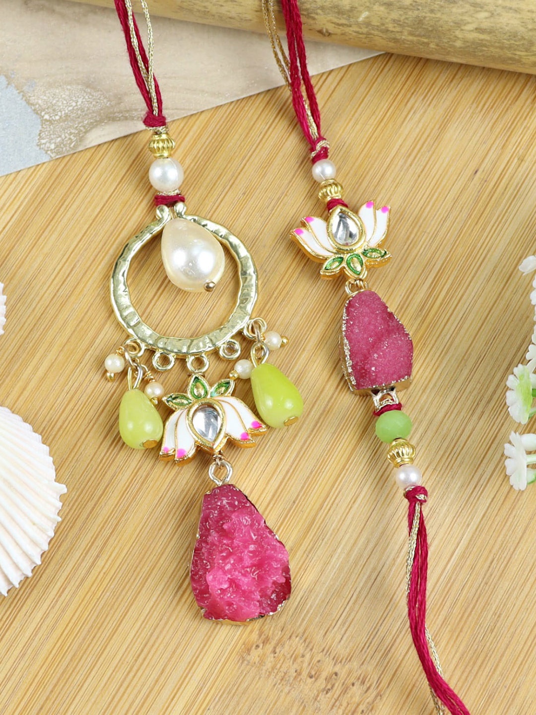 

Asthetika Set Of 2 Lotus with Agate Stone Bhaiya Bhabhi Rakhi, Pink