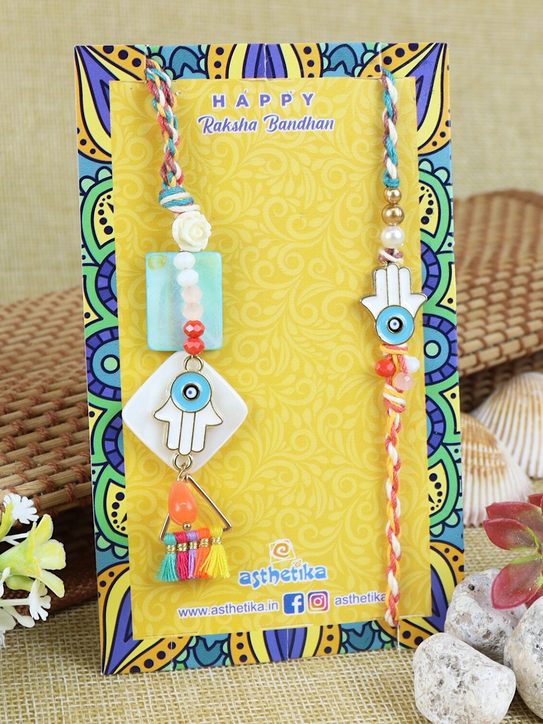 

Asthetika Set Of 2 Evil Eye Hamsa Charm Bhaiya Bhabhi Rakhi, Blue