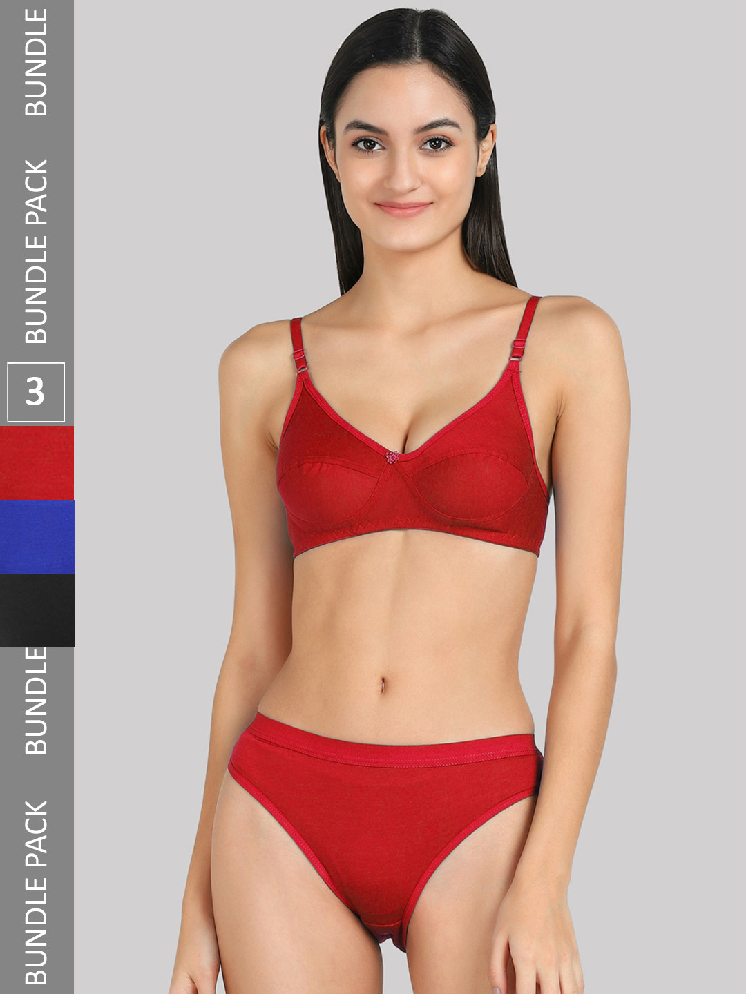 

AROUSY Pack Of 3 Mid-Rise Non-Padded Cotton Lingerie Set, Red