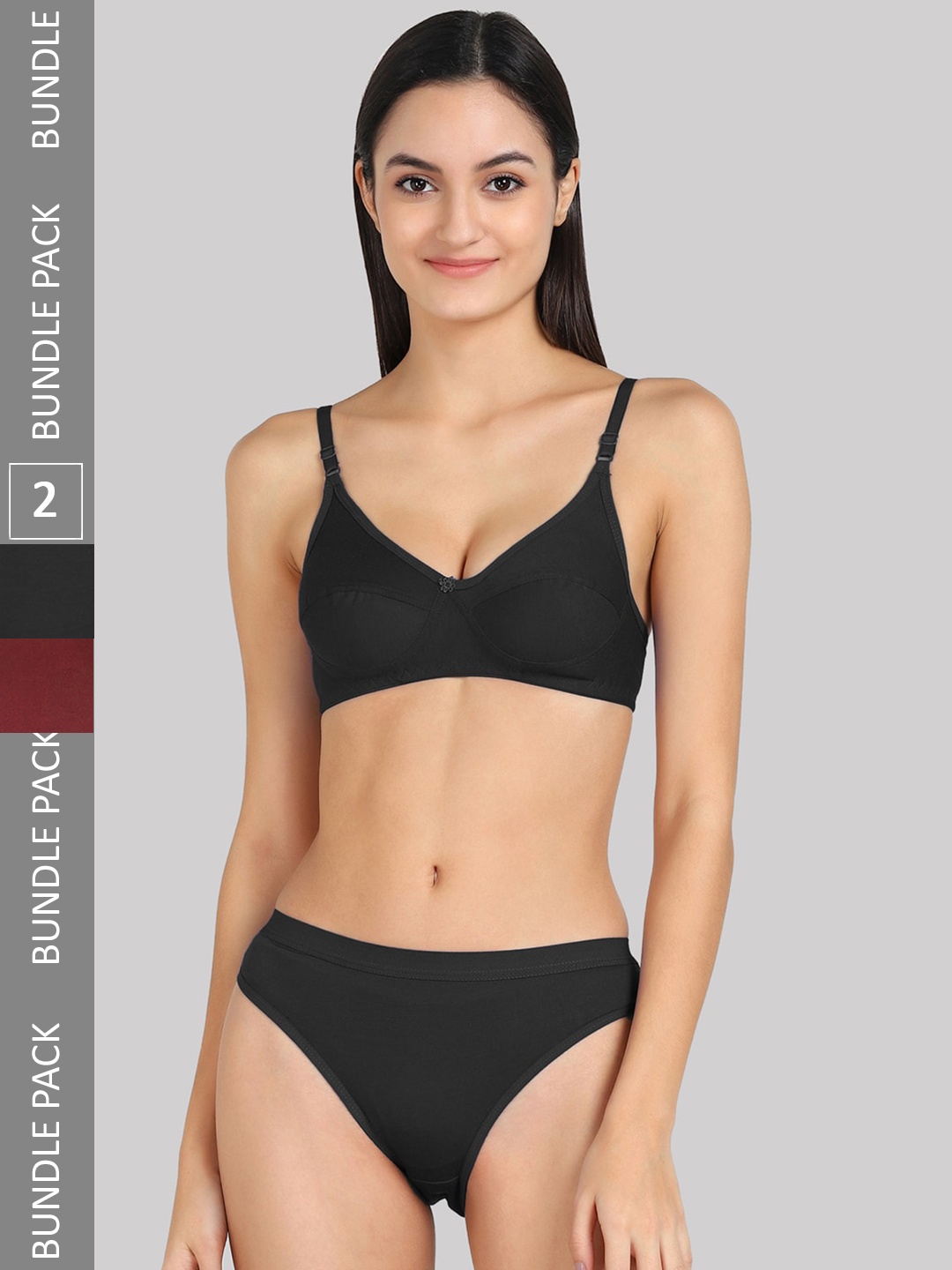 

AROUSY Pack Of 2 Mid-Rise Cotton Lingerie Set, Black