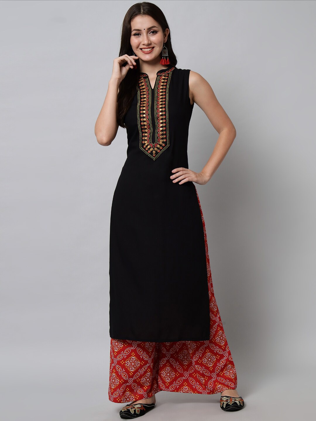 

KALINI Floral Embroidered Mirror Work Mandarin Collar Straight Kurta, Black