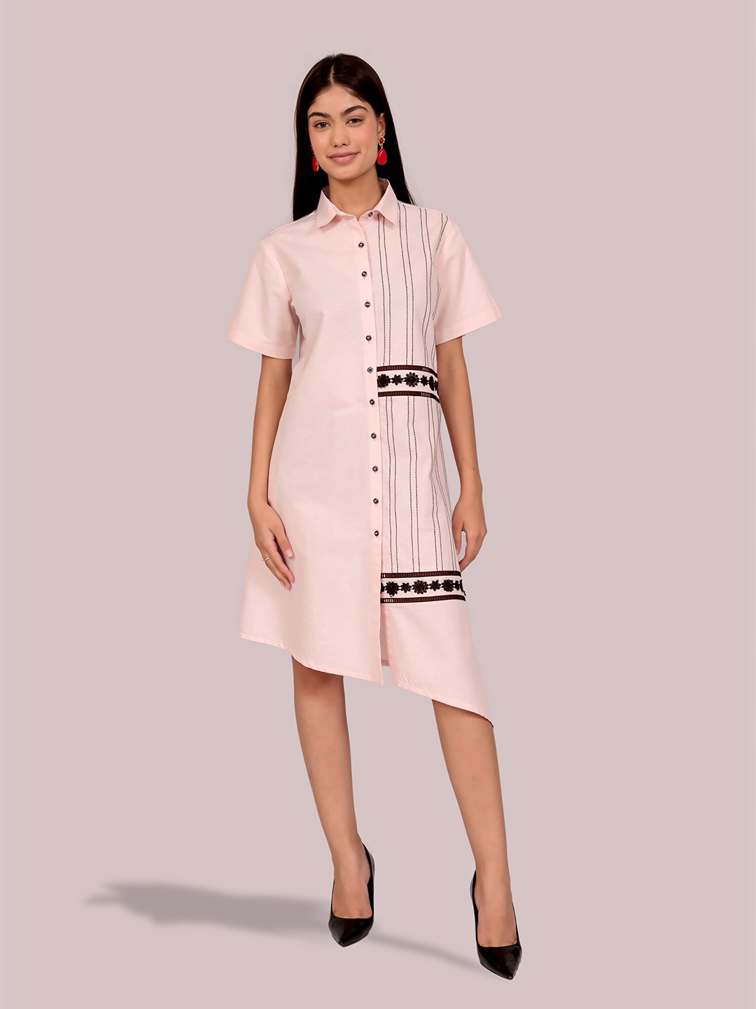 

Justin Whyte Floral Printed Shirt Collar Asymmetric Hem Shirt Dress, Pink