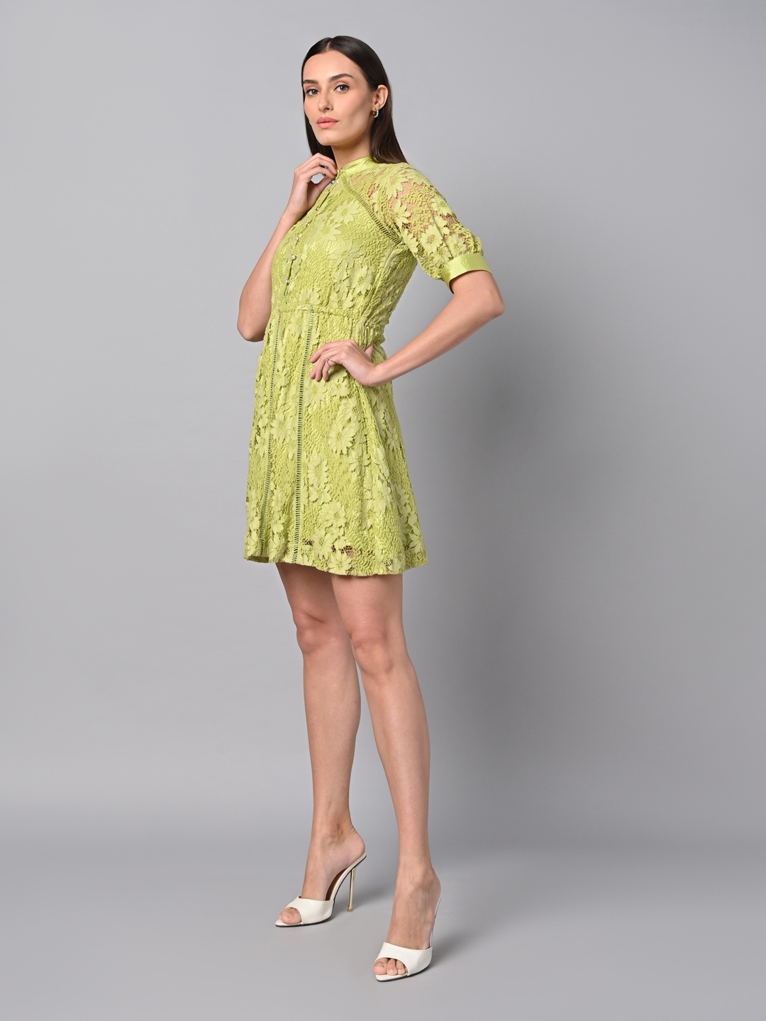 

Justin Whyte Floral Lace Mini A-Line Dress, Green