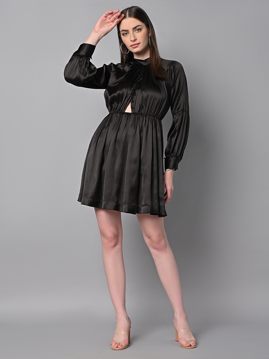 

Justin Whyte Satin Fit & Flare Dress, Black
