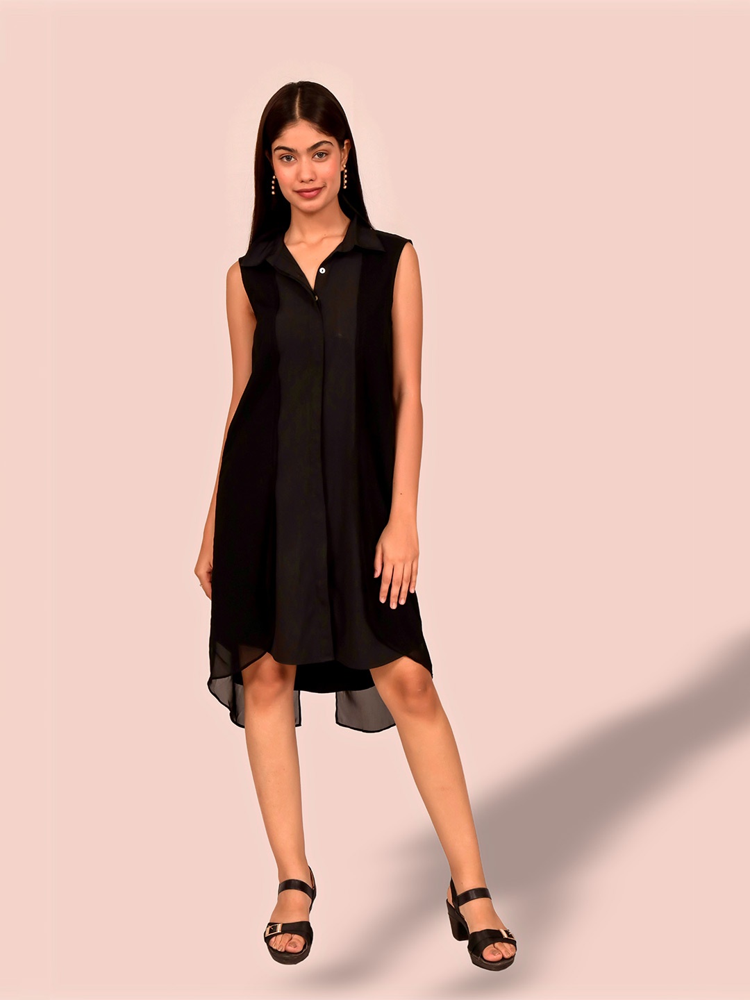 

Justin Whyte Sleeveless Crepe Shirt Style Dress, Black