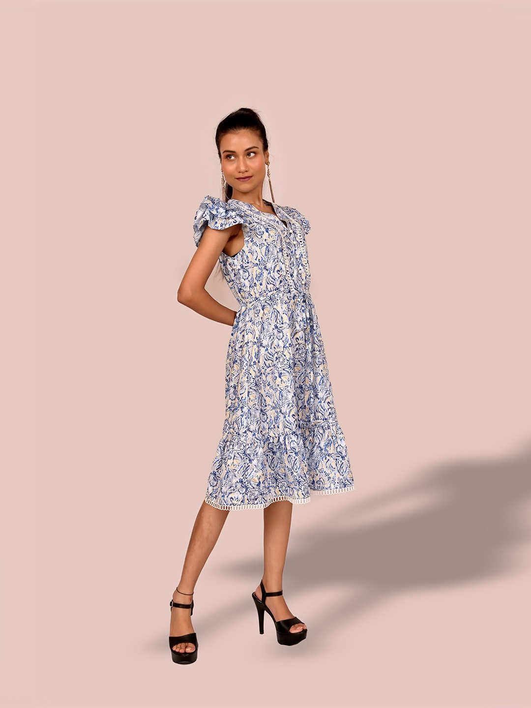 

Justin Whyte Floral Printed Flutter Sleeves Crepe Fit & Flare Dress, Blue
