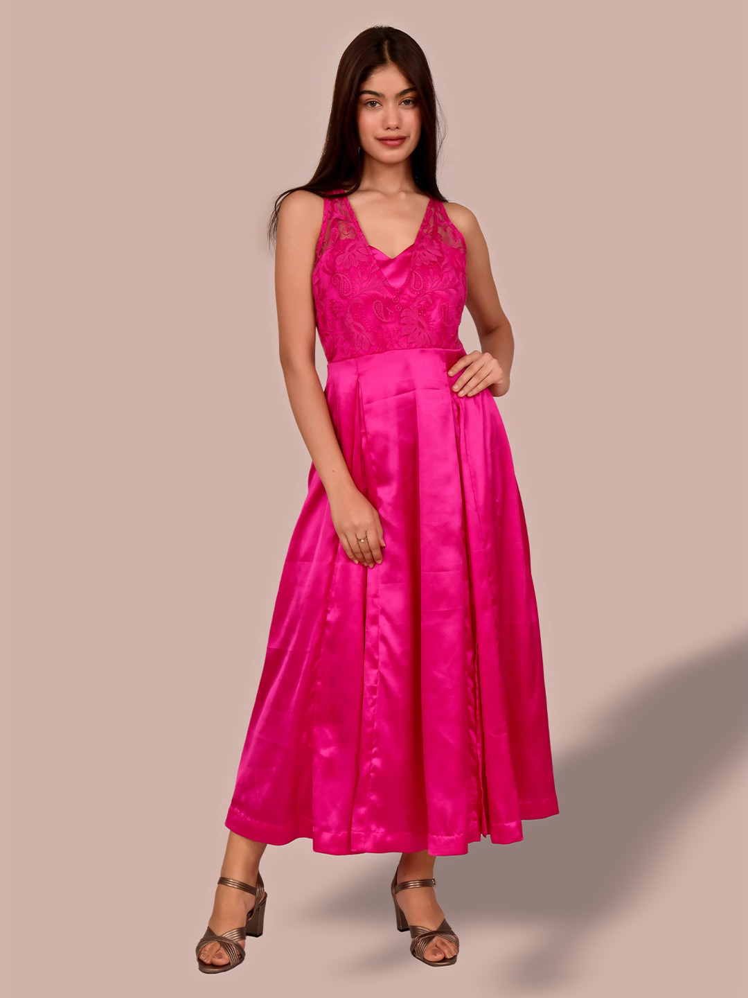 

Justin Whyte Lace Up Detail V-Neck Maxi Fit & Flare Dress, Pink