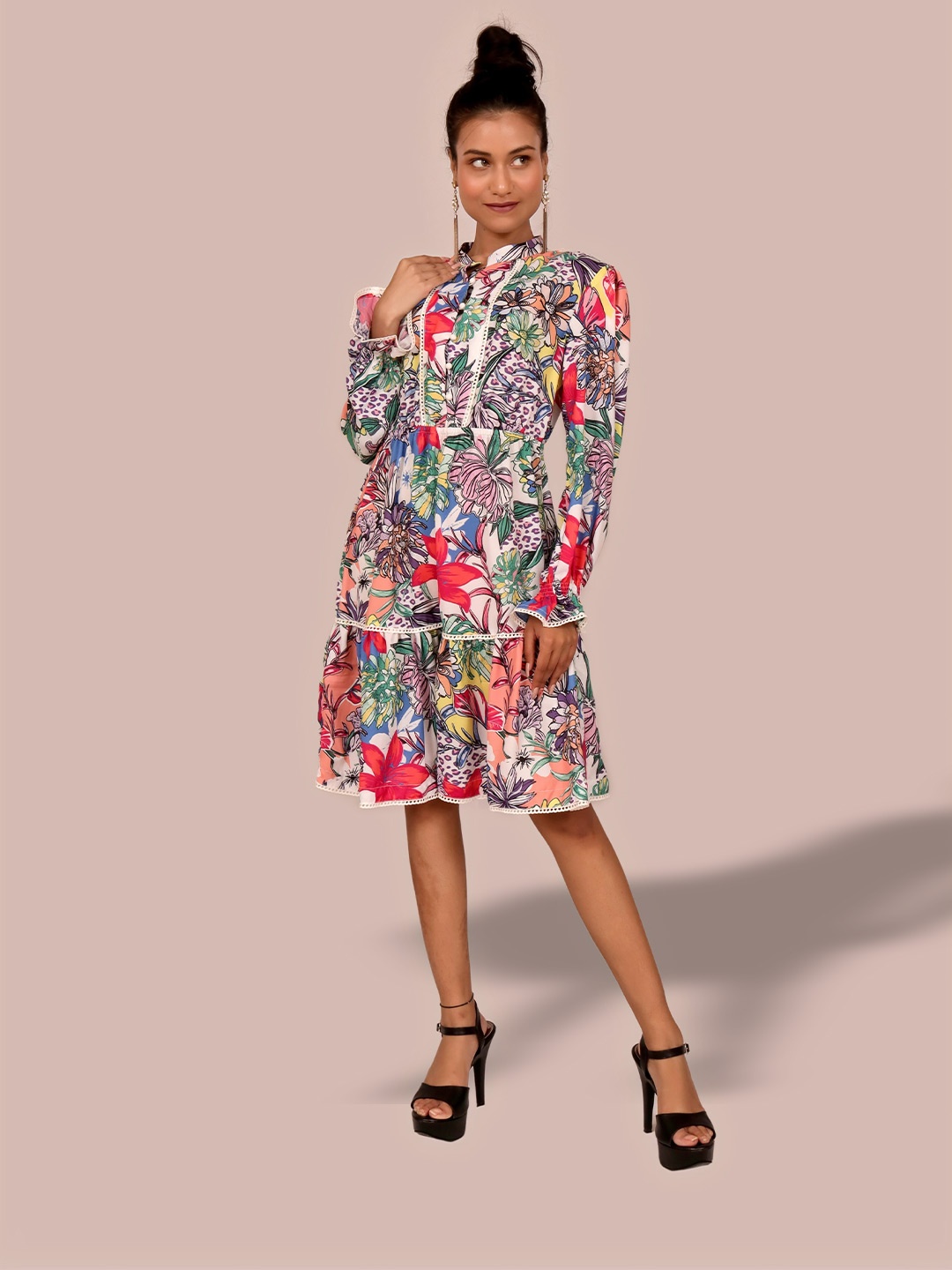 

Justin Whyte Floral Printed Mandarin Collar Crepe A-Line Dress, Pink