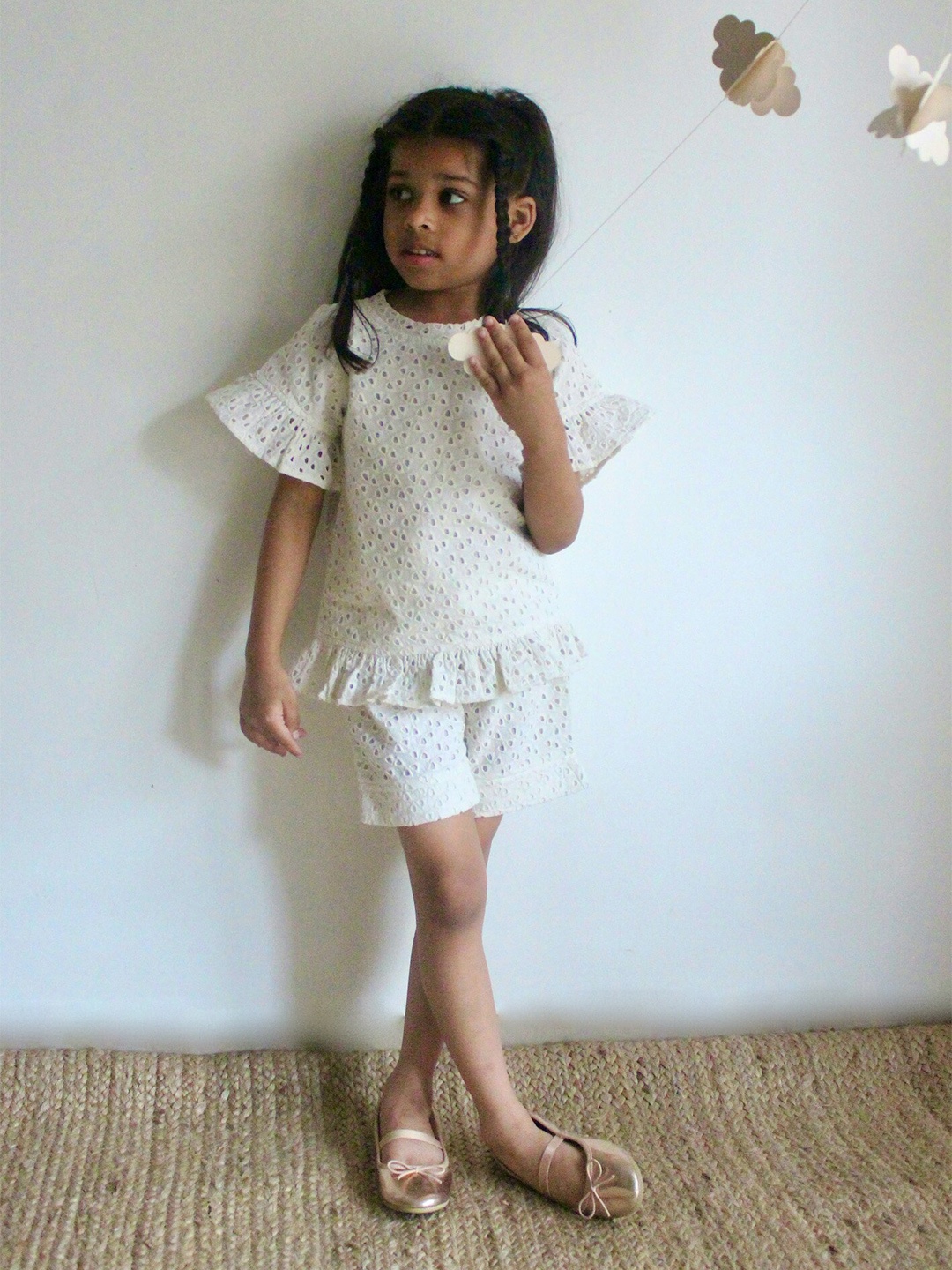 

charkhee Girls Self Design Off White Top With Shorts