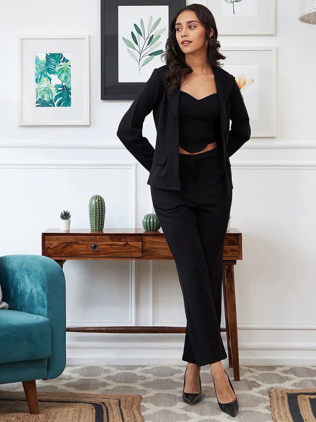 

Ekta Textiles V Neck Top & Trousers With Coat, Black