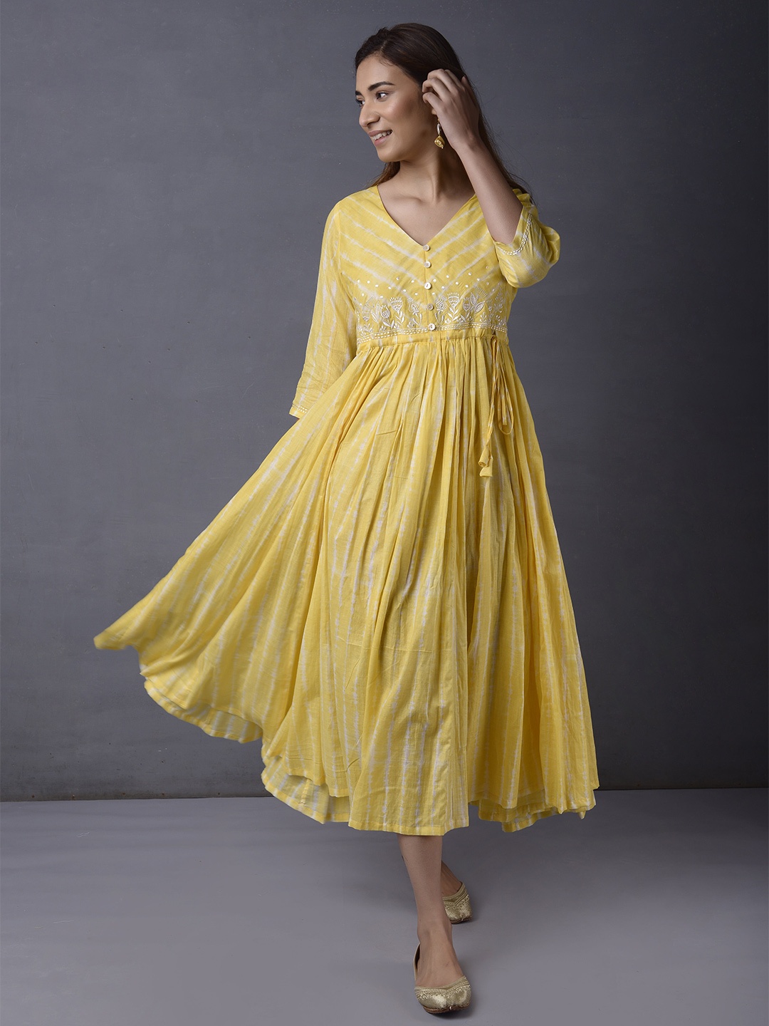 

PINKSKY Embroidered Detail Puff Sleeves A-Line Midi Dress, Yellow
