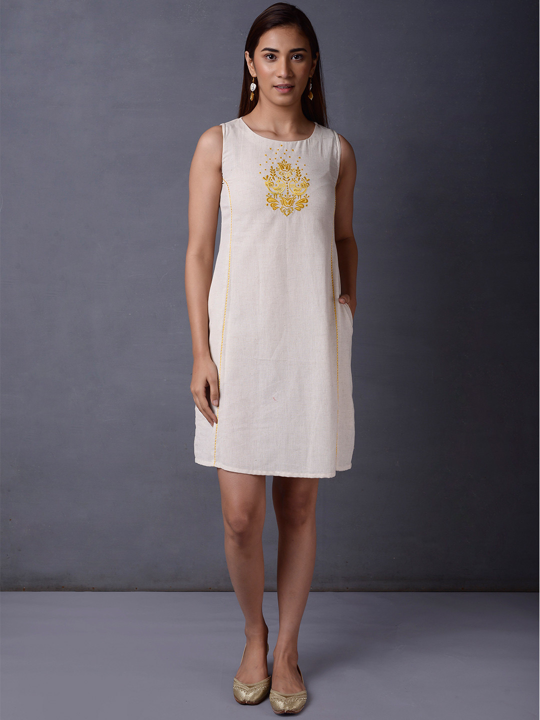 

PINKSKY Ethnic Motifs Embroidered Cotton A-Line Dress, Off white