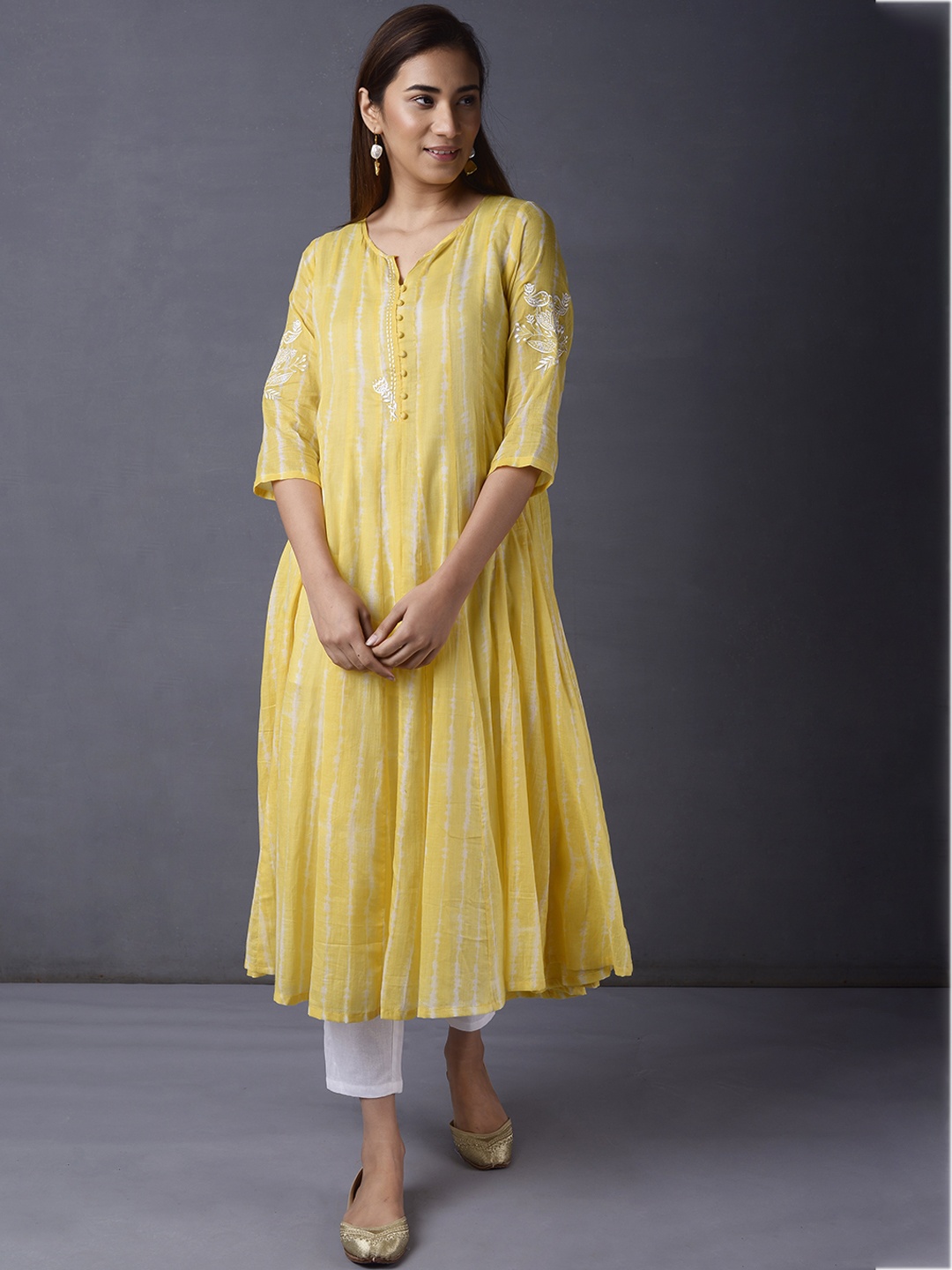 

PINKSKY Striped Leheriya Thread Work Pure Cotton A-Line Kurta, Yellow