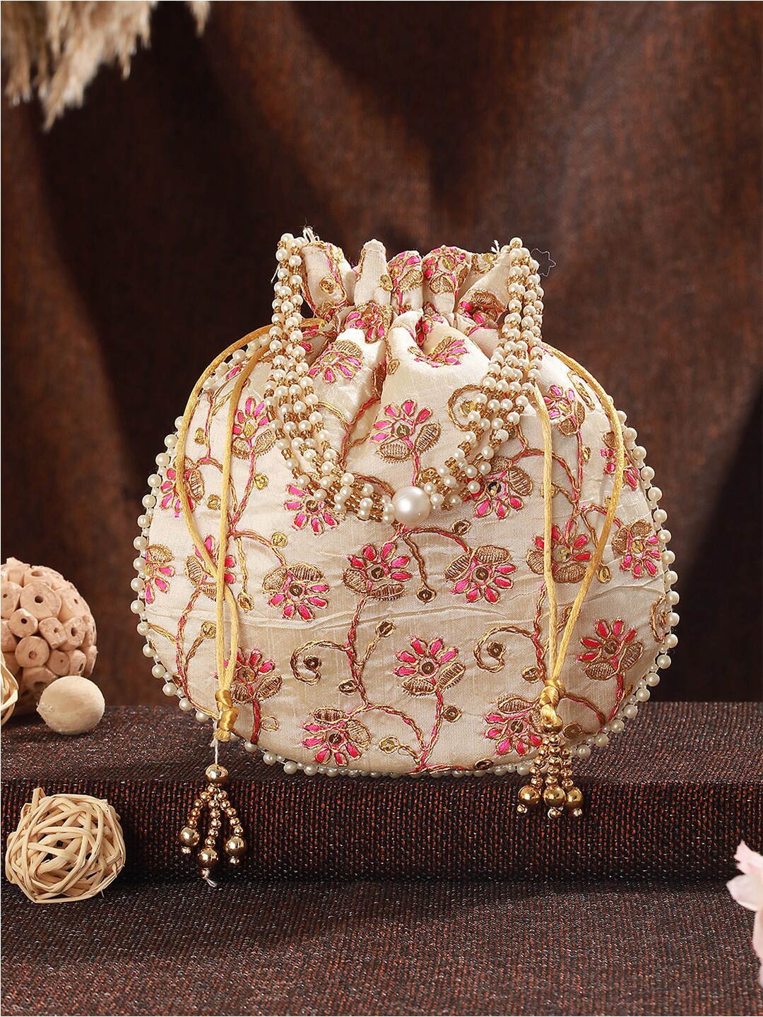 

Jazz and Sizzle Embroidered Embellished Potli Clutch, Cream