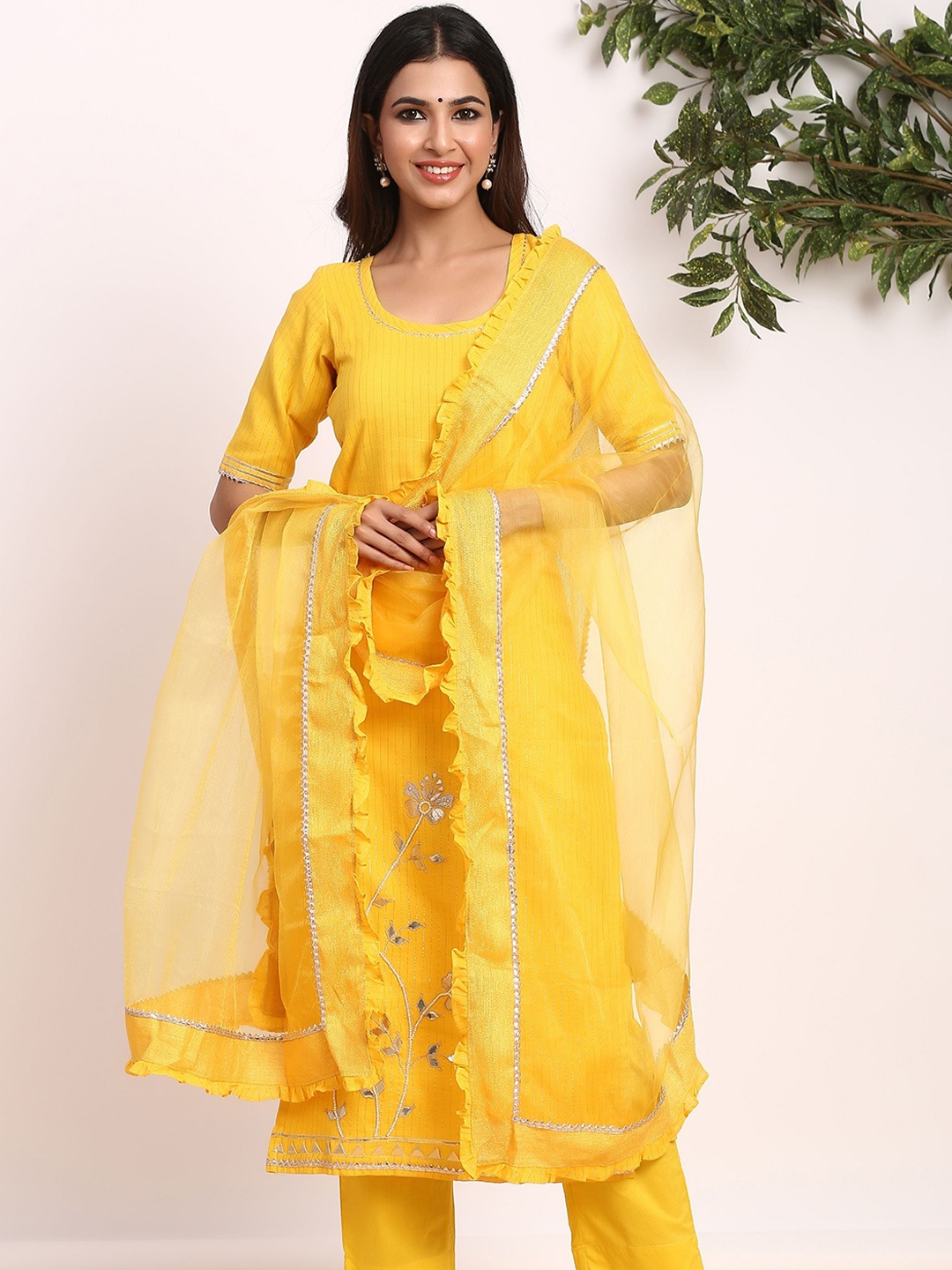 

GILLORI Striped Embroidered Gotta Patti Kurta & Trousers With Dupatta, Yellow