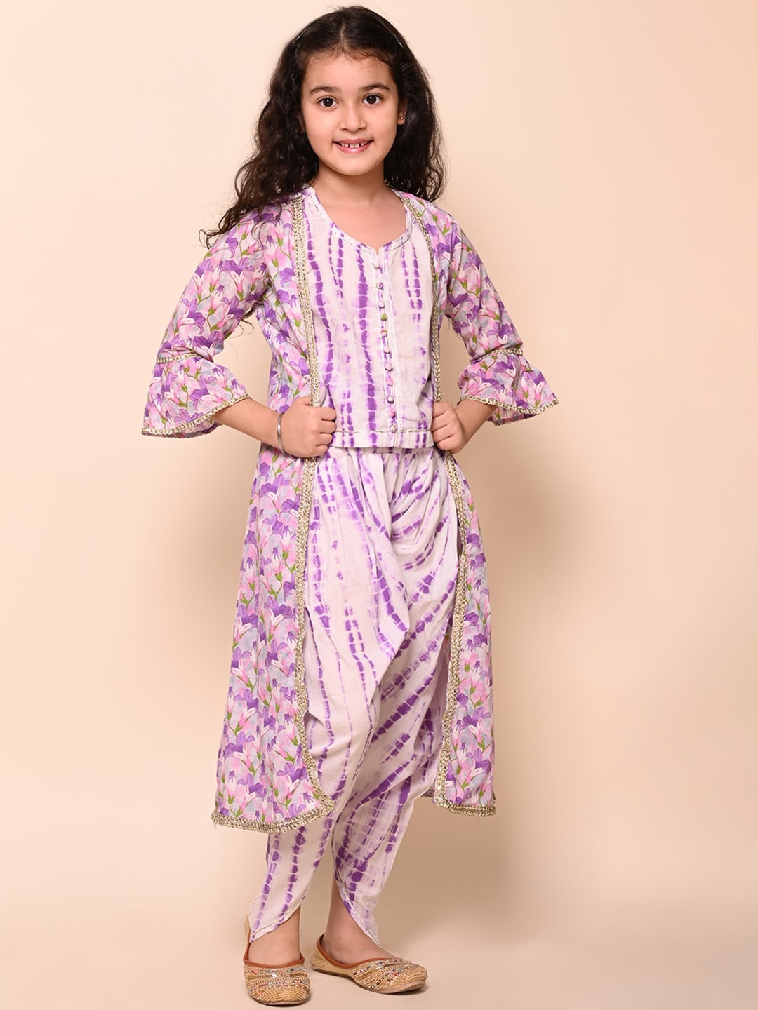 

LIL PITAARA Girls Printed Top & Dhoti Pant With Jacket, Purple