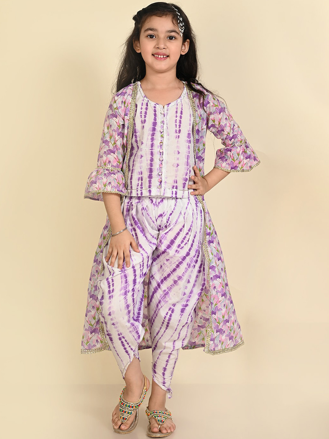 

LIL PITAARA Girls Dyed Pure Cotton Top With Dhoti Pant & Printed Shrug, Purple