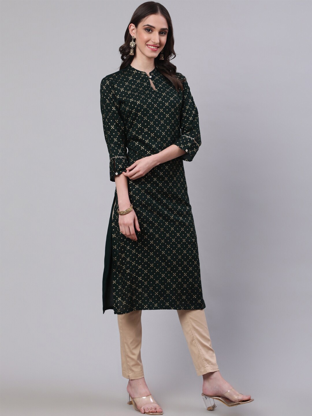 

SAK JAIPUR Ethnic Motifs Printed Mandarin Collar Regular Kurta, Green