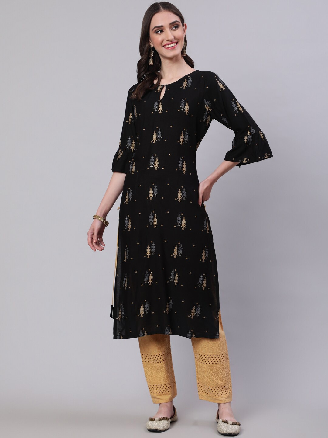 

SAK JAIPUR Ethnic Motifs Printed Keyhole Neck Bell Sleeves Regular Kurta, Black