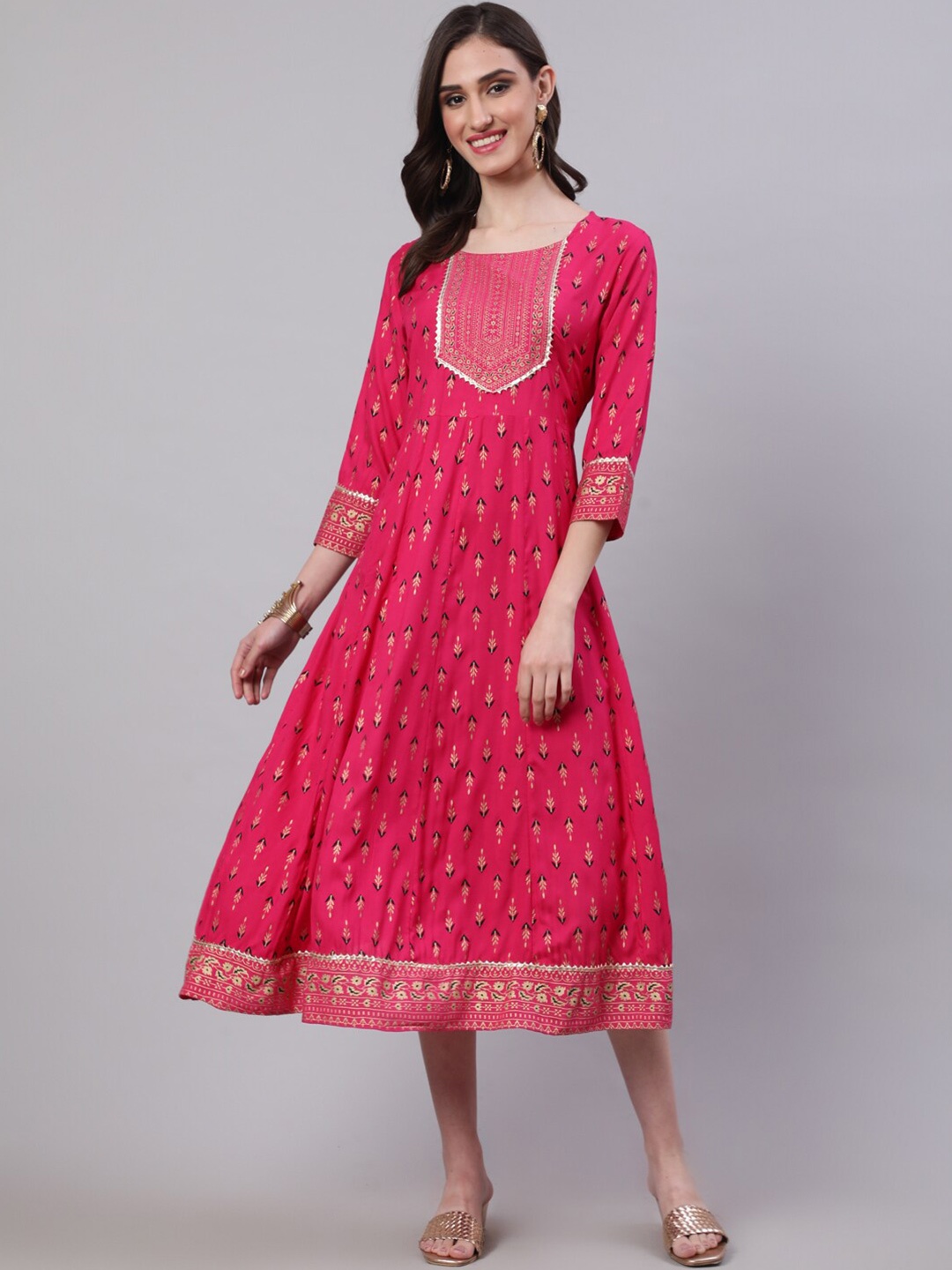 

SAK JAIPUR Ethnic Motifs Printed Gathered Cotton Fit & Flare Ethnic Dress, Pink