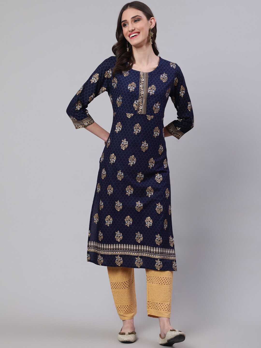 

SAK JAIPUR Floral Printed Round Neck Straight Kurta, Blue