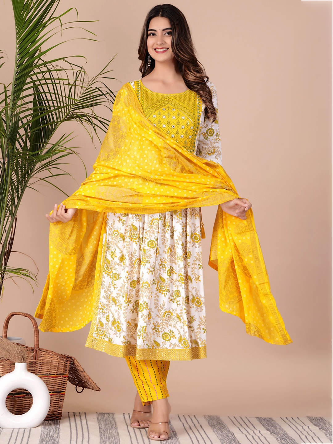 

TOULIN Ethnic Motif Printed Thread Work Pleated Straight Kurta With Trousers & Dupatta, Mustard