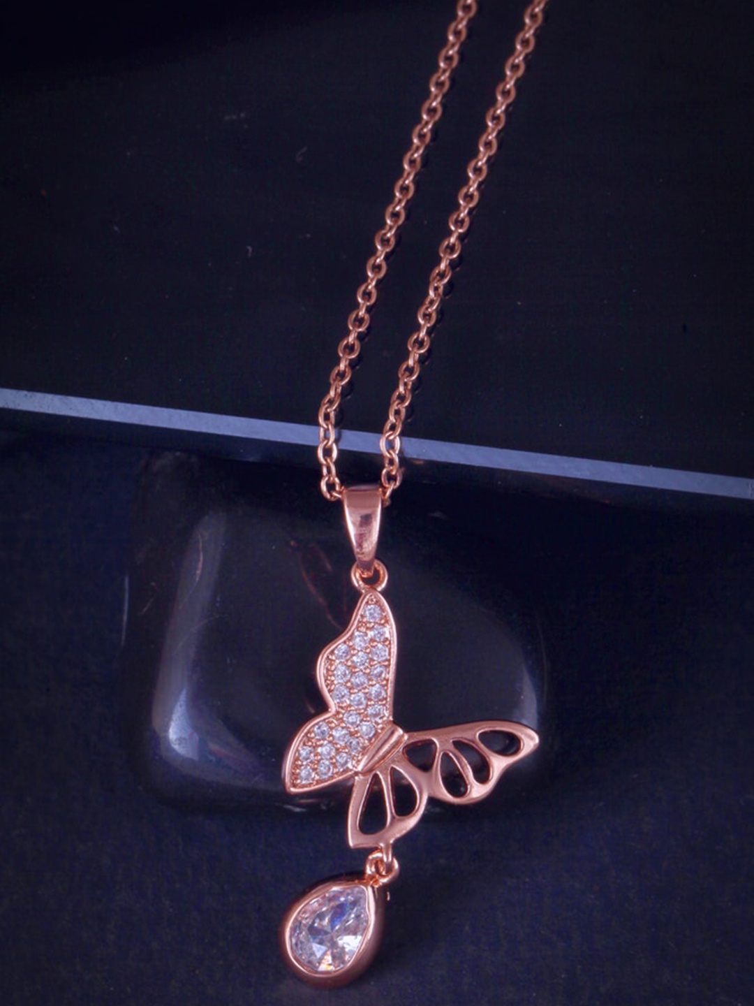 

MEENAZ Rose Gold-Plated Cubic Zirconia-Studded Butterfly Shaped Pendant With Chain