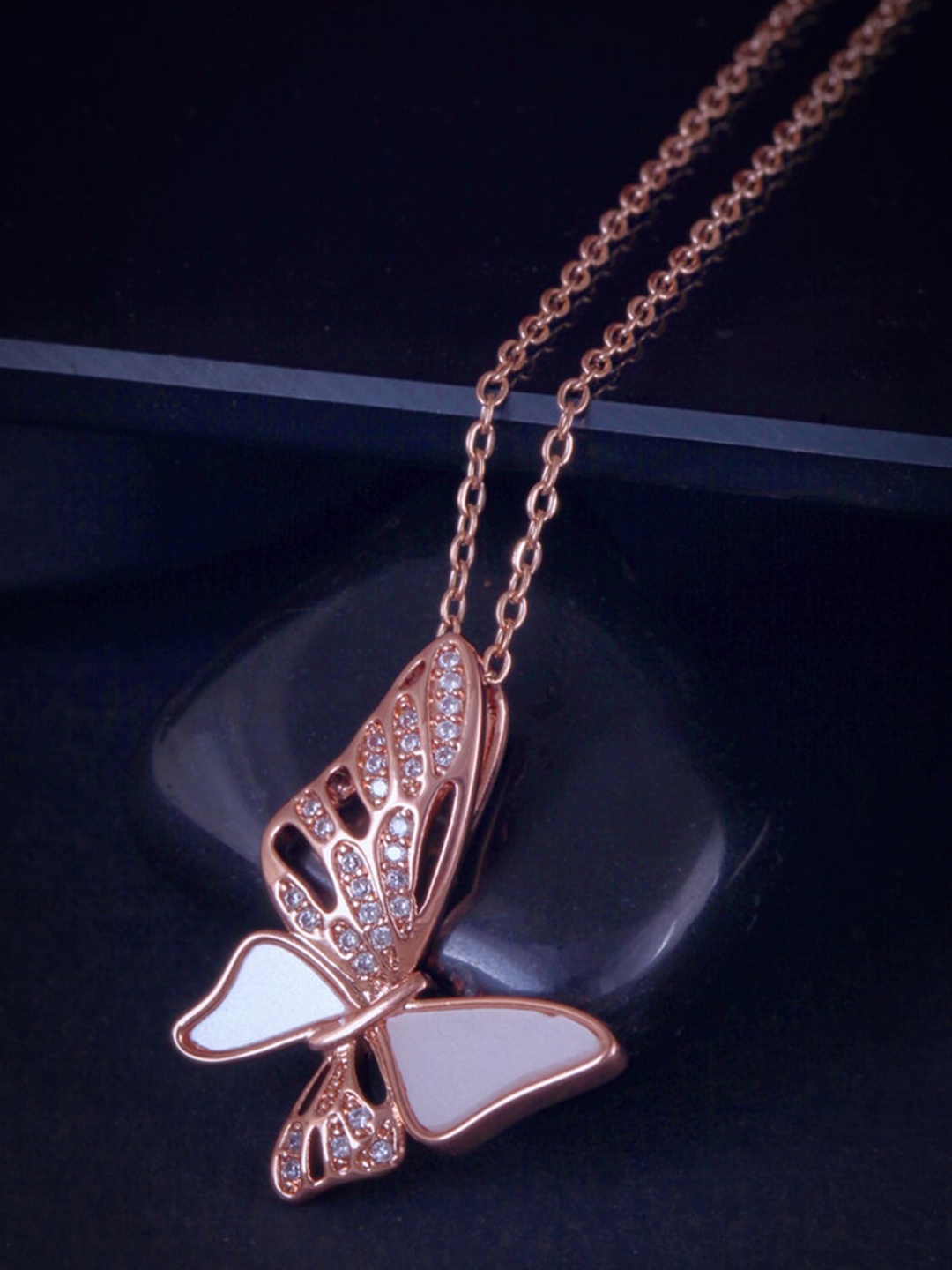 

MEENAZ Rose Gold-Plated CZ-Studded Pendant With Chain