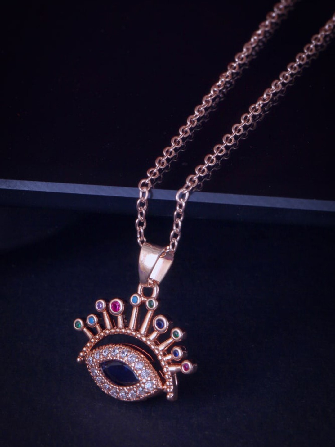 

MEENAZ Evil Eye Rose Gold-Plated CZ-Studded Pendant With Chain