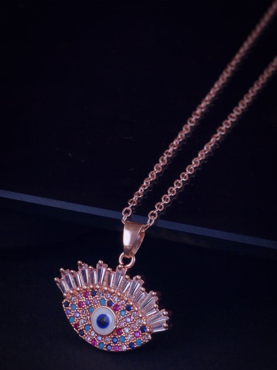 

MEENAZ Rose Gold-Plated Evil Eye CZ-Studded Pendant With Chain