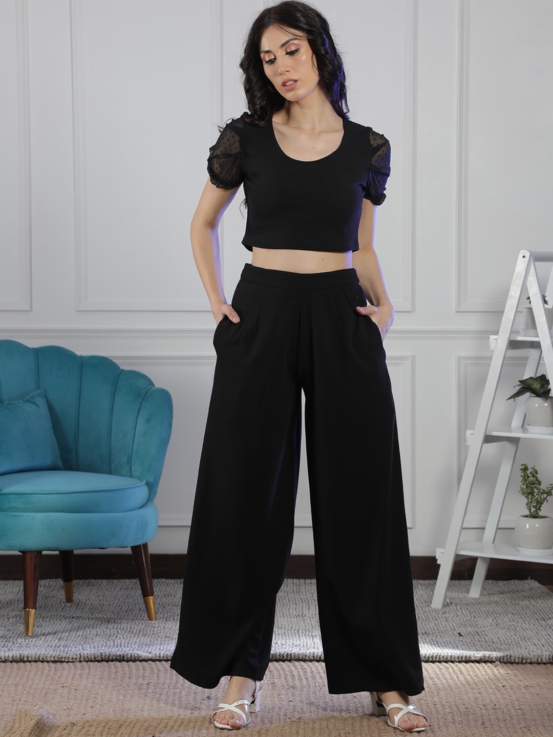 

NEUDIS Puff Sleeves Crop-Top & Palazzos Co-Ords, Black