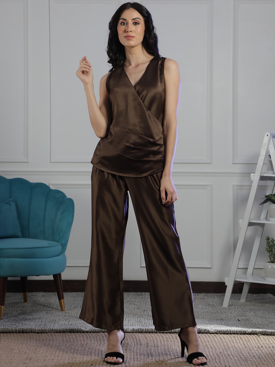 

NEUDIS V-Neck Fitted Overlap Top & Palazzos Co-Ord, Brown