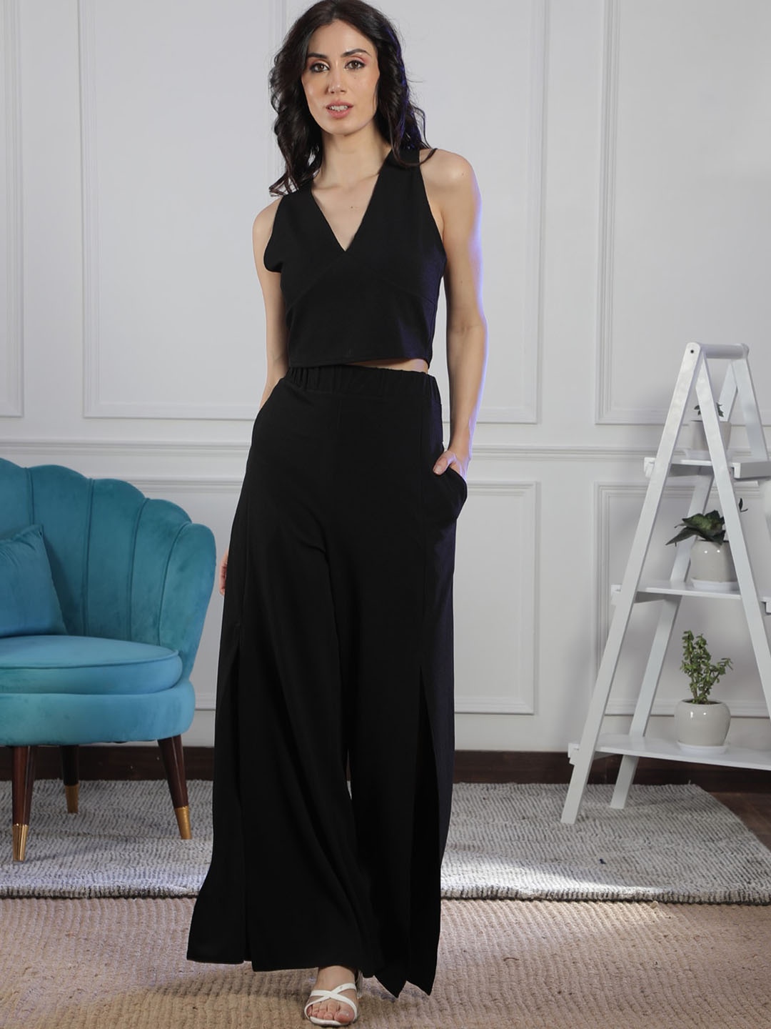 

NEUDIS Halter Neck Crop Top & Palazzos Co-Ords, Black
