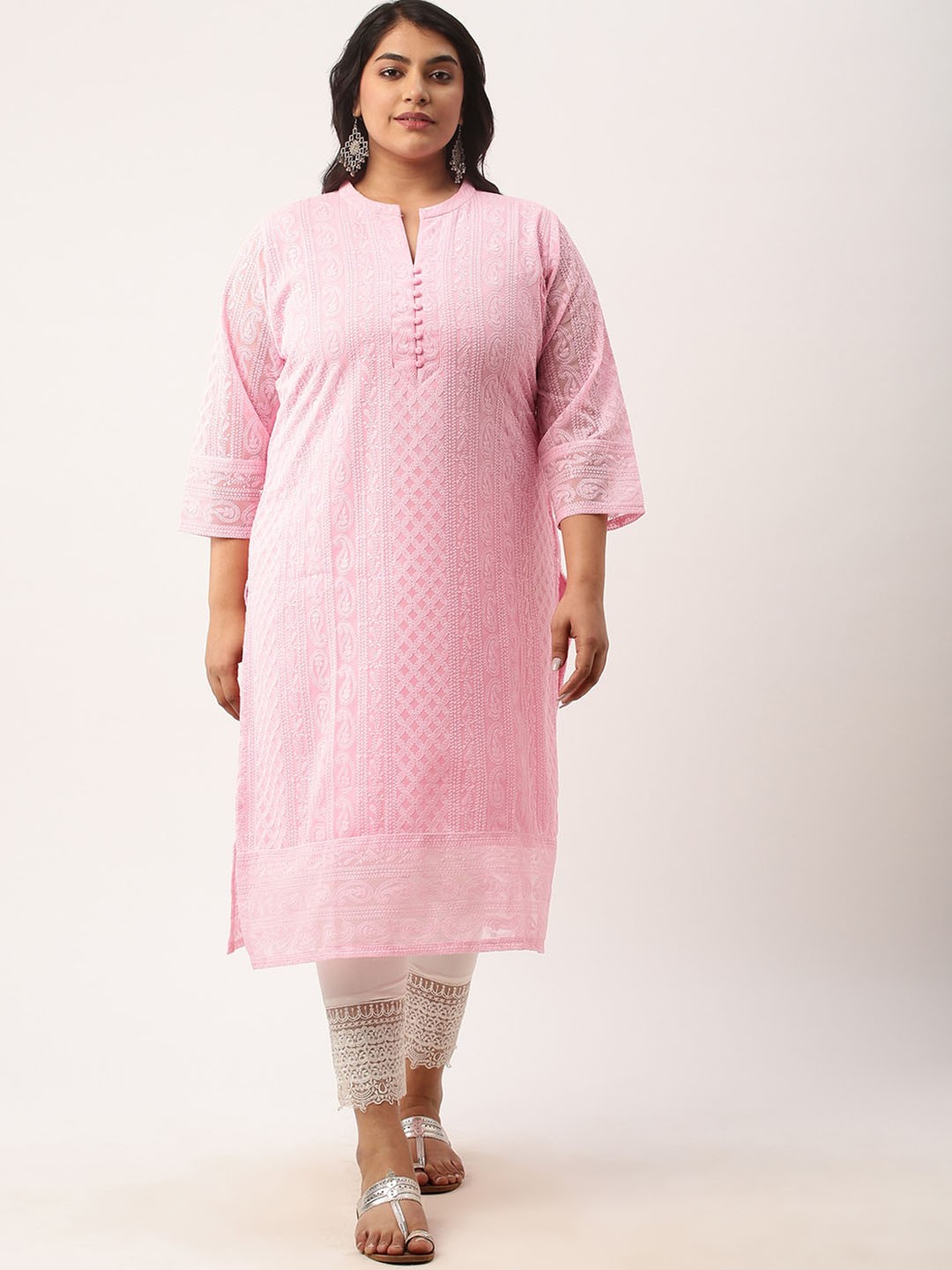 

Zola Plus Plus Size Ethnic Motifs Embroidered Chikankari Kurta, Pink
