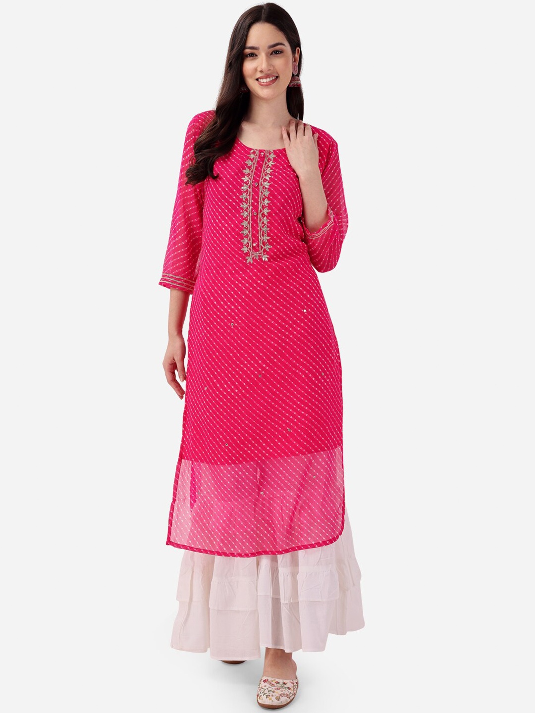 

STYLE SAMSARA Lehiriya Printed Mirror Work Kurta, Pink